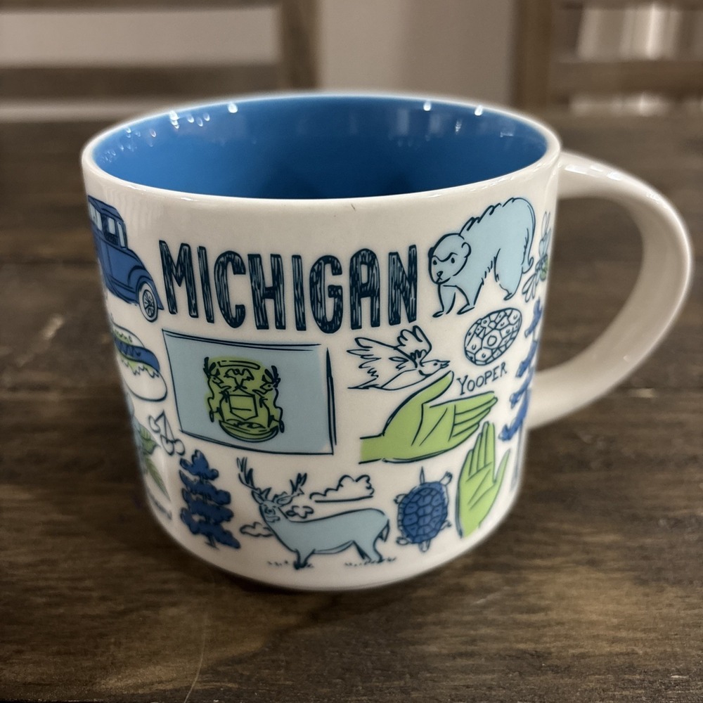 Starbucks Been There Series Michigan Mug 14oz Blue Interior 2018 Coffee Cup